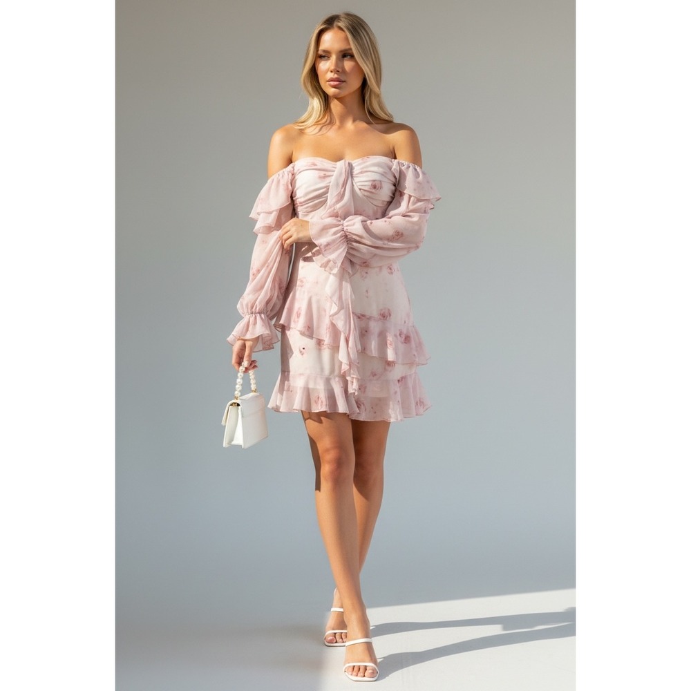 Pink‎ Floral Y2K Style Ruffle Mini Dress Size Large Coquette Cottagecore Rose